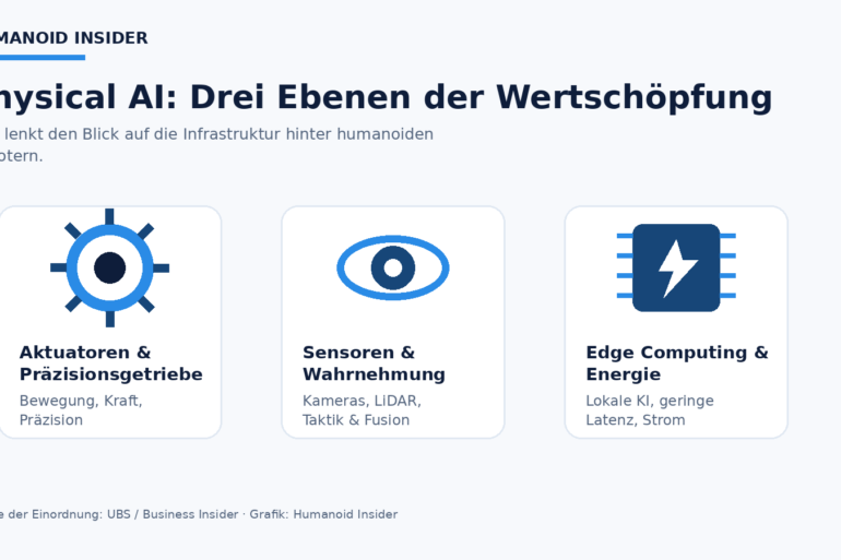 Grafik zu Aktuatoren, Sensorik und Edge Computing als drei Ebenen der Physical-AI-Wertschöpfung