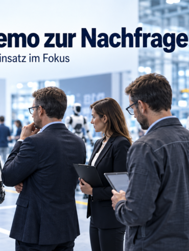 Einkäufer und Industrievertreter bewerten humanoide Roboter und Automatisierungslösungen in einer Fabrikumgebung