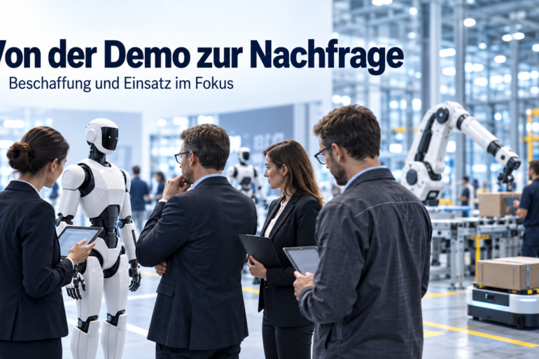 Einkäufer und Industrievertreter bewerten humanoide Roboter und Automatisierungslösungen in einer Fabrikumgebung
