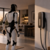 Illustration eines humanoiden Roboters neben einer Ladestation in einem modernen Wohnraum