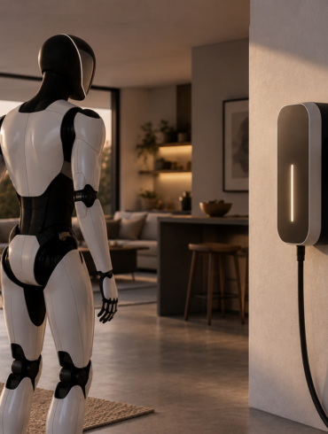 Illustration eines humanoiden Roboters neben einer Ladestation in einem modernen Wohnraum