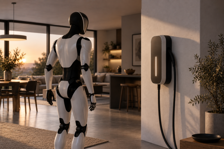 Illustration eines humanoiden Roboters neben einer Ladestation in einem modernen Wohnraum