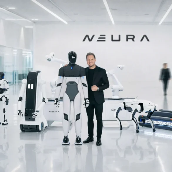 NEURA Robotics Gründer David Reger mit Robotern des Unternehmens