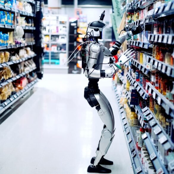 Humanoide im Supermarkt beim Auffüllen eines Regals
