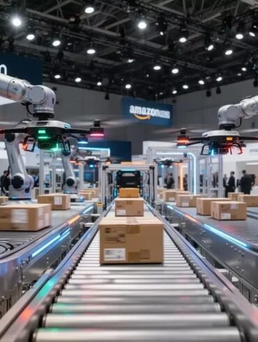 Roboterarme in einer automatisierten Logistikumgebung als Illustration der AWS Physical AI Toolchain