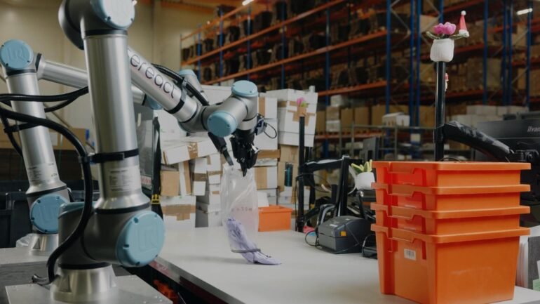 Dualarmiger Sereact-Roboter bearbeitet Zalando-Retouren in einem europäischen Logistikzentrum