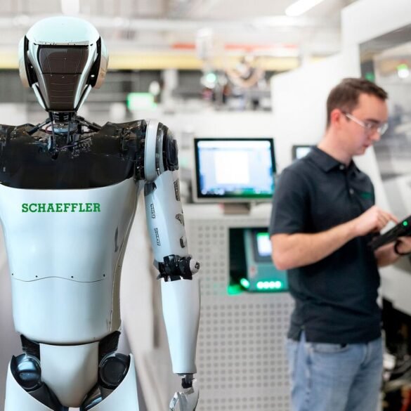 Humanoider Roboter und Mitarbeiter in einer industriellen Fertigungsumgebung von Schaeffler.