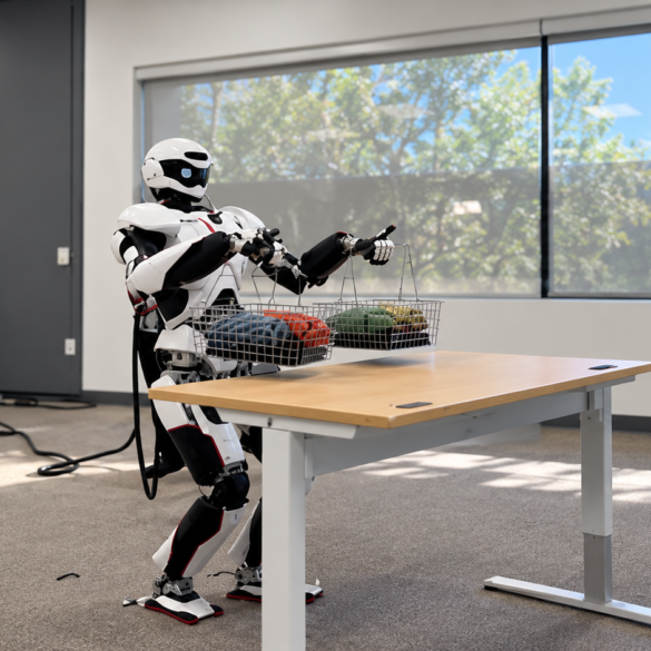 Humanoider Roboter Kawasaki Kaleido9 hebt Körbe mit insgesamt rund 22,7 Kilogramm und stellt sie auf einen Tisch.
