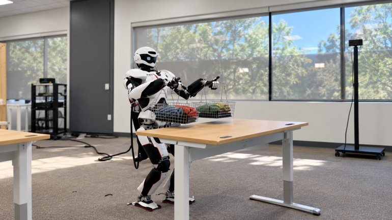 Humanoider Roboter Kawasaki Kaleido9 hebt Körbe mit insgesamt rund 22,7 Kilogramm und stellt sie auf einen Tisch.