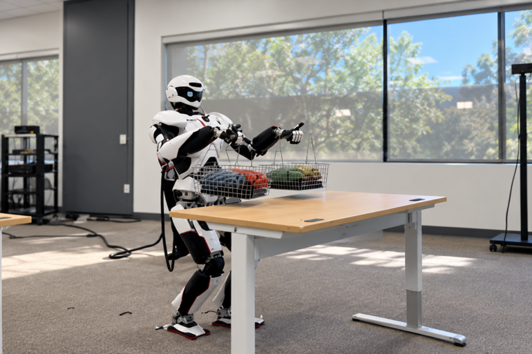 Humanoider Roboter Kawasaki Kaleido9 hebt Körbe mit insgesamt rund 22,7 Kilogramm und stellt sie auf einen Tisch.