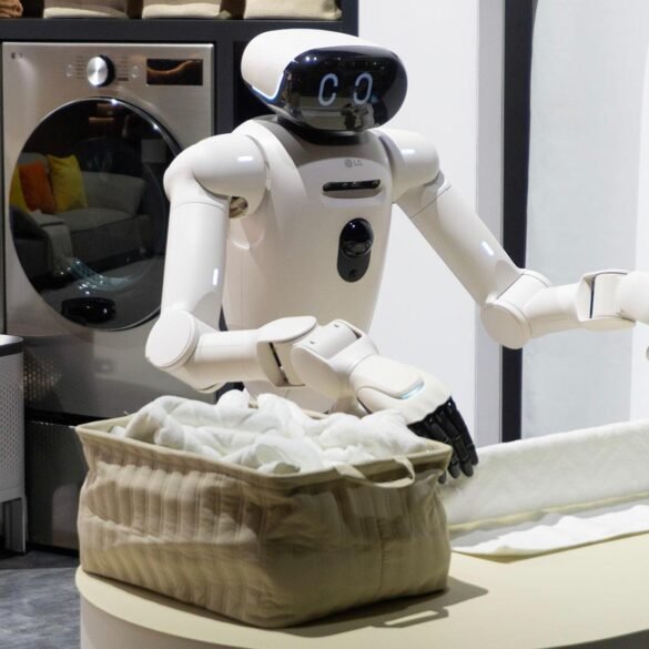 LG CLOiD Haushaltsroboter demonstriert das Falten von Wäsche in einer modernen Wohnumgebung.
