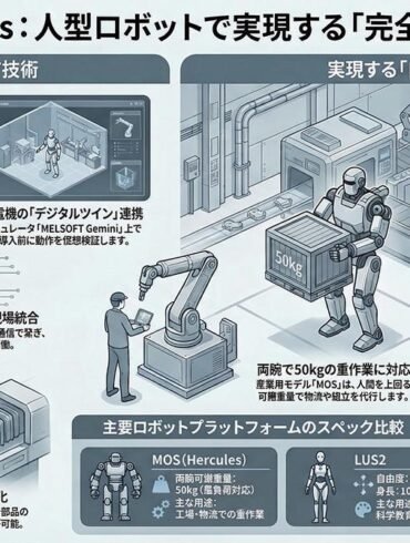 Technische Darstellung des Mitsubishi-Electric-Systems, das einen humanoiden Roboter, eine CNC-Werkzeugmaschine und einen KI-Aufgabenplaner verbindet.