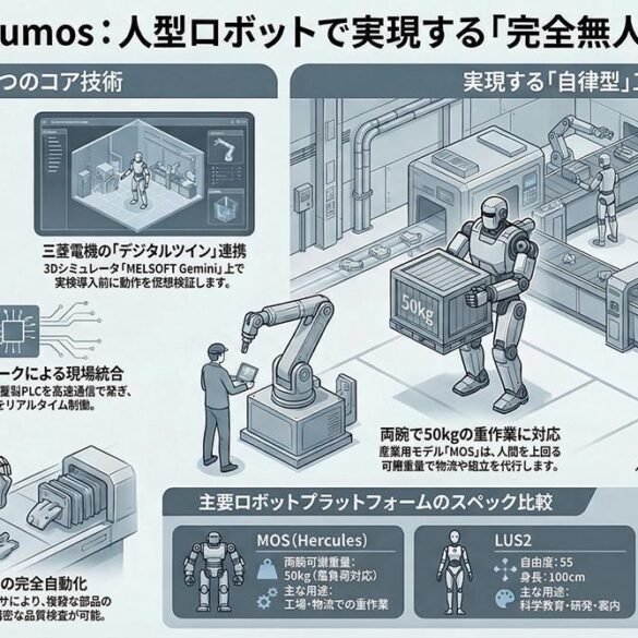 Technische Darstellung des Mitsubishi-Electric-Systems, das einen humanoiden Roboter, eine CNC-Werkzeugmaschine und einen KI-Aufgabenplaner verbindet.