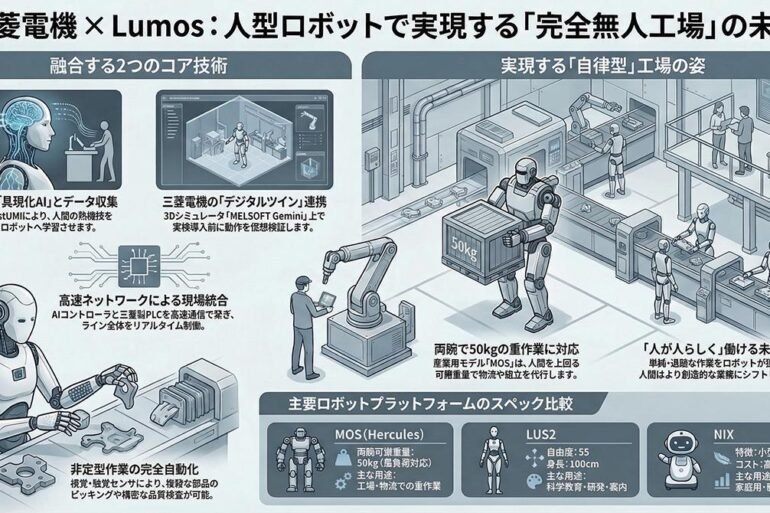Technische Darstellung des Mitsubishi-Electric-Systems, das einen humanoiden Roboter, eine CNC-Werkzeugmaschine und einen KI-Aufgabenplaner verbindet.