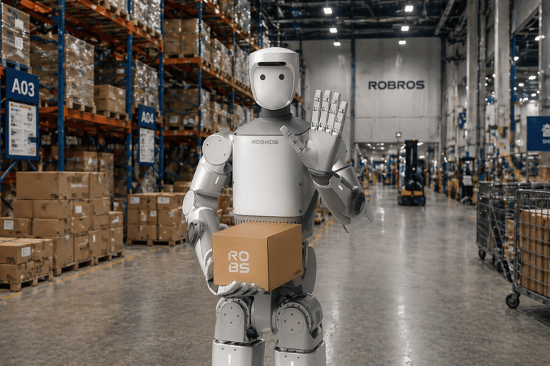 ROBROS IGRIS-C, zweibeiniger humanoider Roboter in einer Lagerumgebung