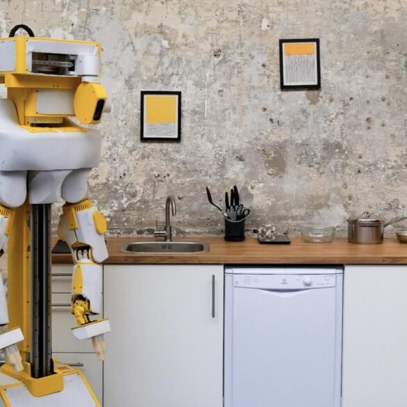 Der kompakte zweibeinige Haushaltsroboter Voxel Series-1 von Tuesday Labs steht in einer modernen Küche.