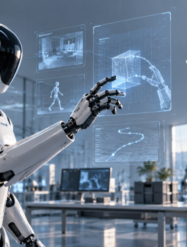 KI-generierte Illustration zu Winverse AI und Robot AI mit humanoidem Roboter in einer Forschungsumgebung