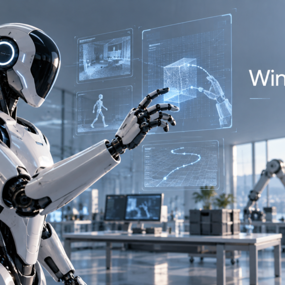 KI-generierte Illustration zu Winverse AI und Robot AI mit humanoidem Roboter in einer Forschungsumgebung